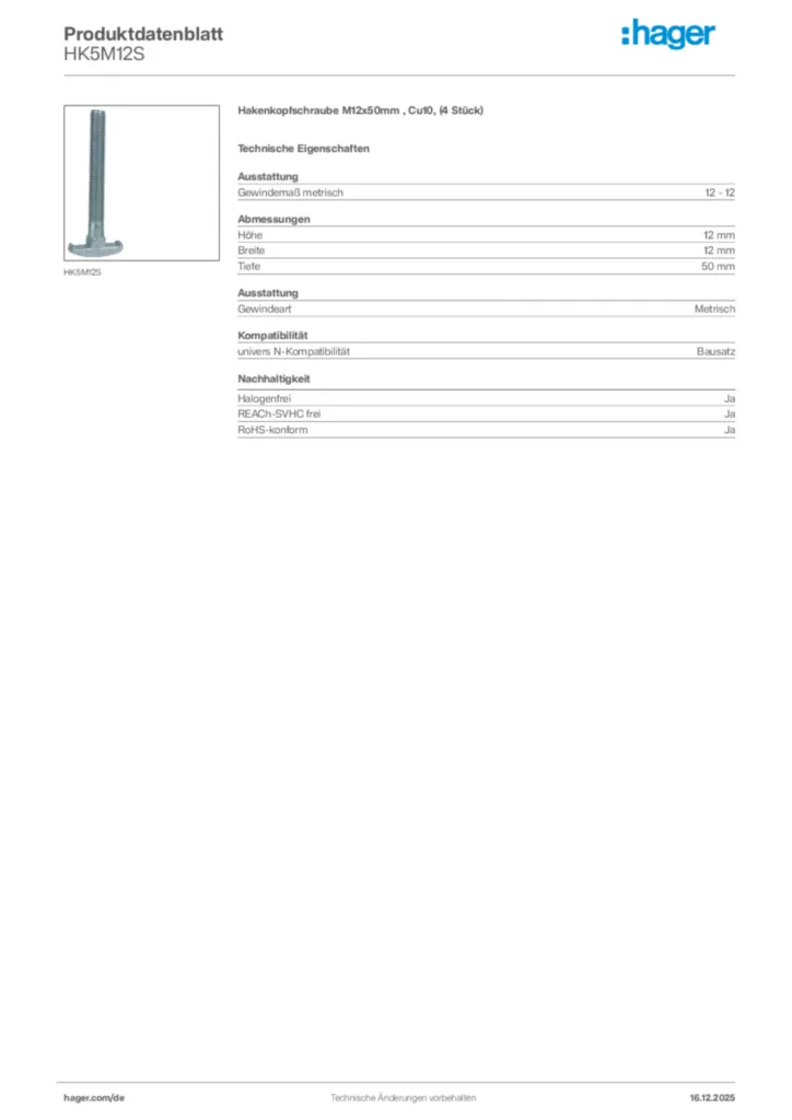 Bild Hager Produktdatenblatt HK5M12S | Hager Deutschland