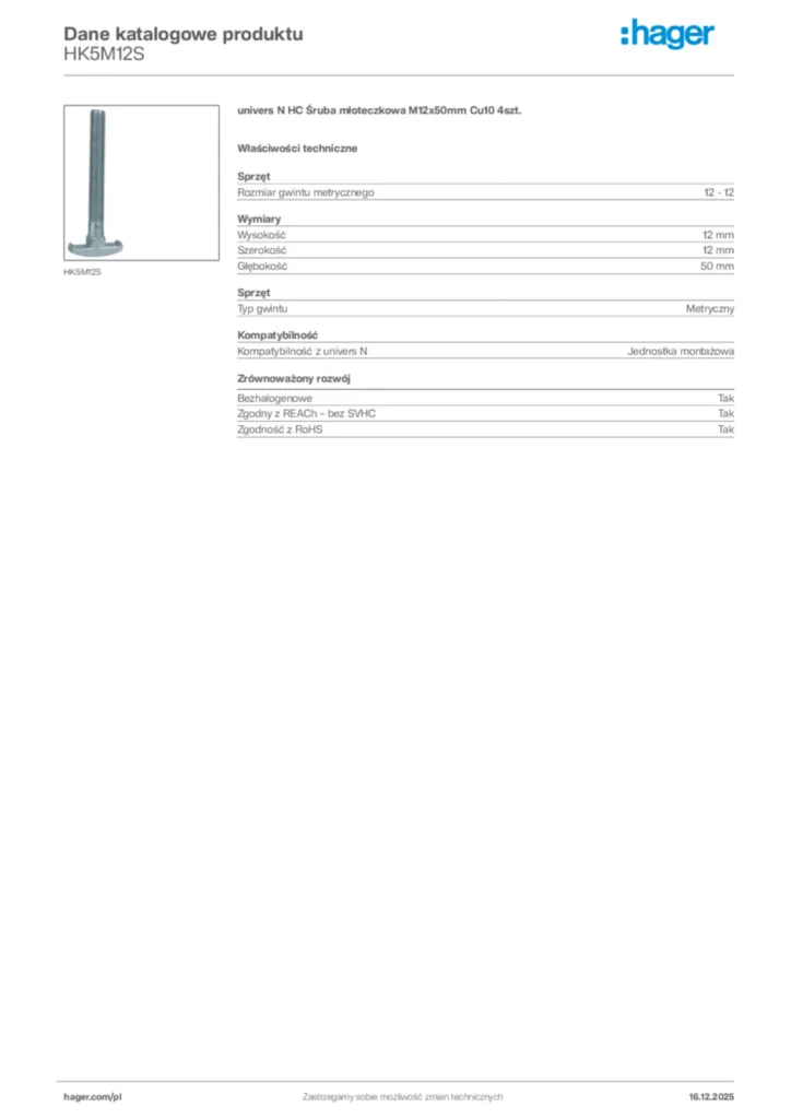 Zdjęcie Hager Karta katalogowa HK5M12S | Hager Polska