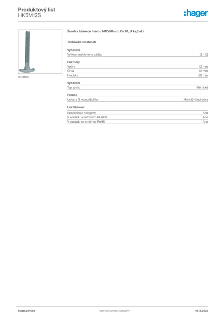 Obrázek Hager Produktový list HK5M12S | Hager