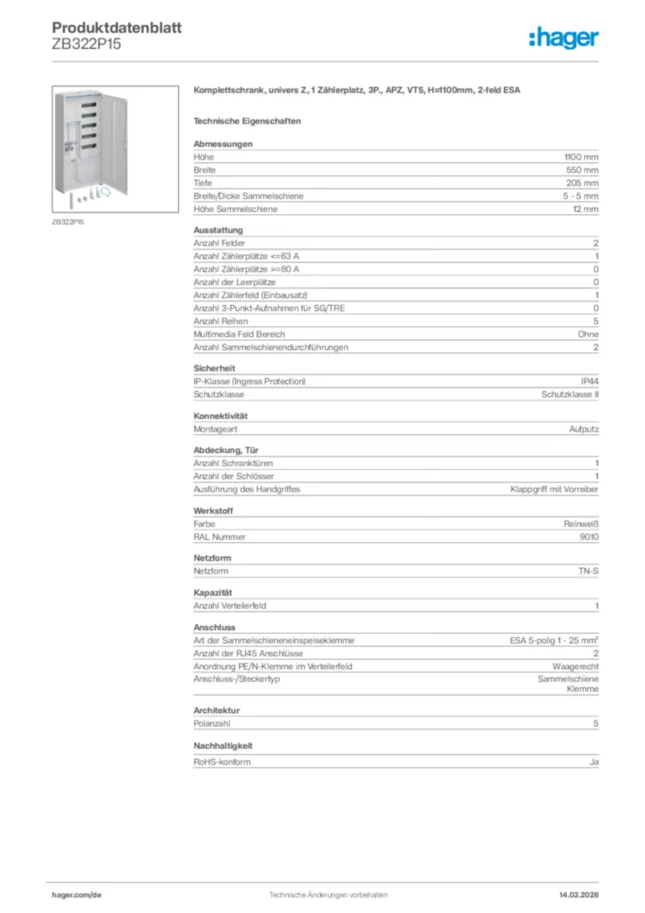 Bild Hager Produktdatenblatt ZB322P15 | Hager Deutschland