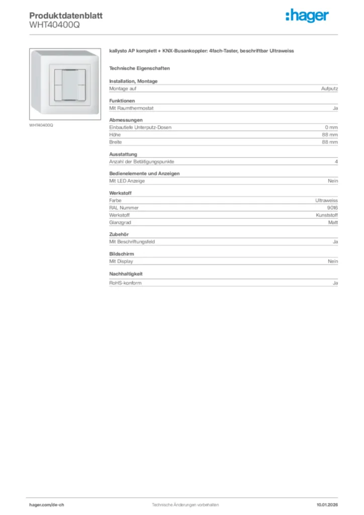 Bild Hager Produktdatenblatt WHT40400Q | Hager Schweiz