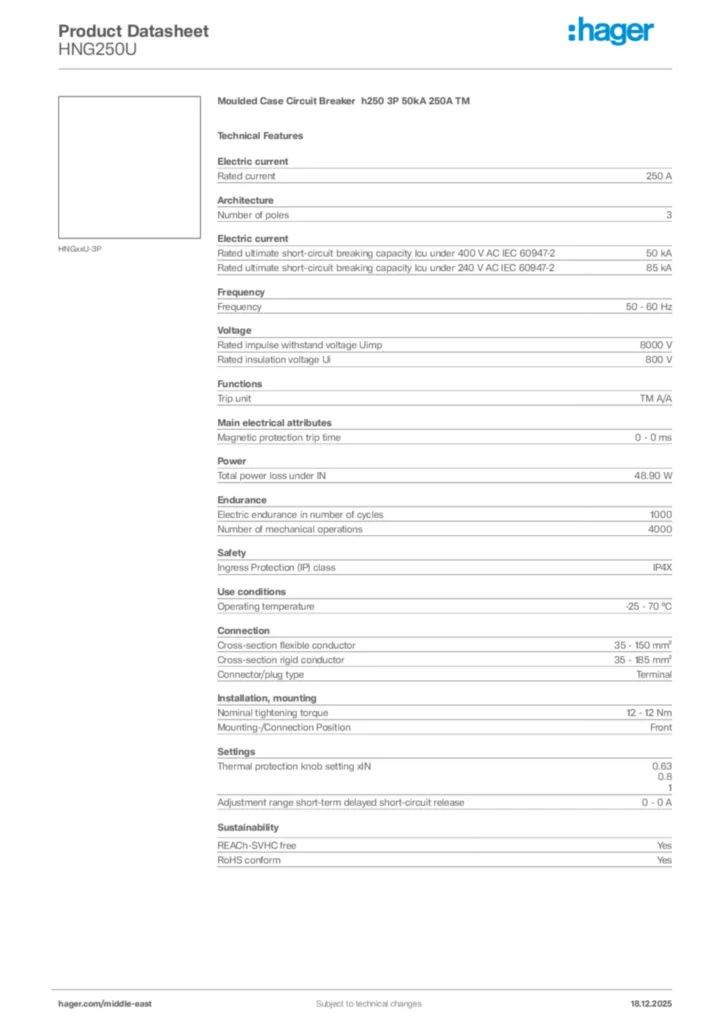 Image Hager Product data sheet HNG250U  | Hager