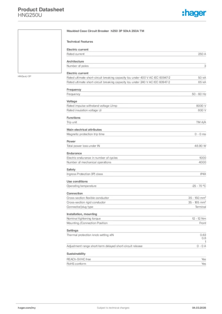 Image Hager Product data sheet HNG250U  | Hager