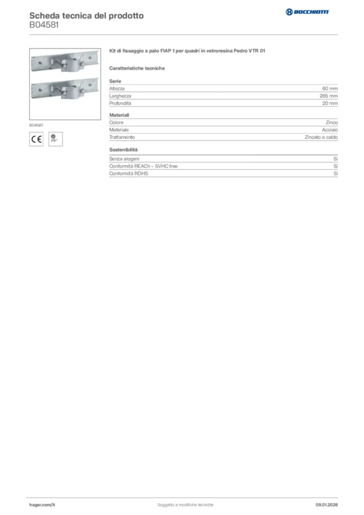 Immagine Bocchiotti Scheda tecnica del prodotto B04581 | Hager Italia