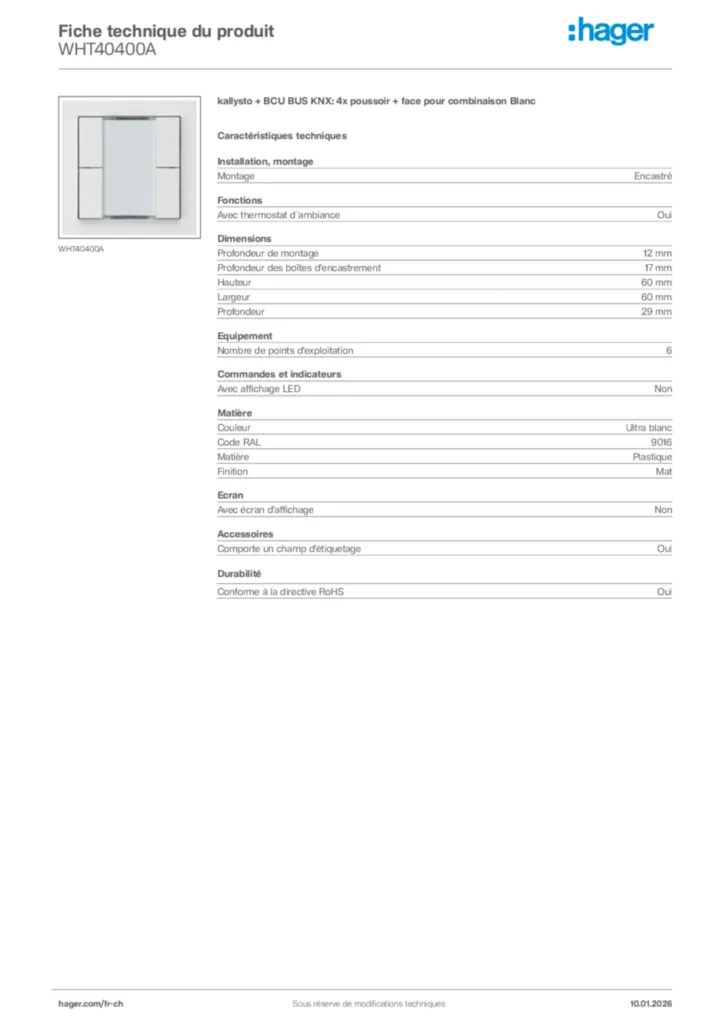 Image Hager Fiche technique du produit WHT40400A | Hager Suisse