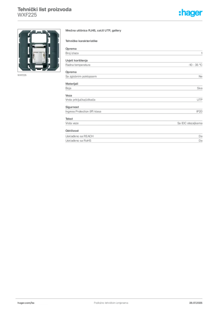 Slika Hager Product data sheet WXF225  | Hager