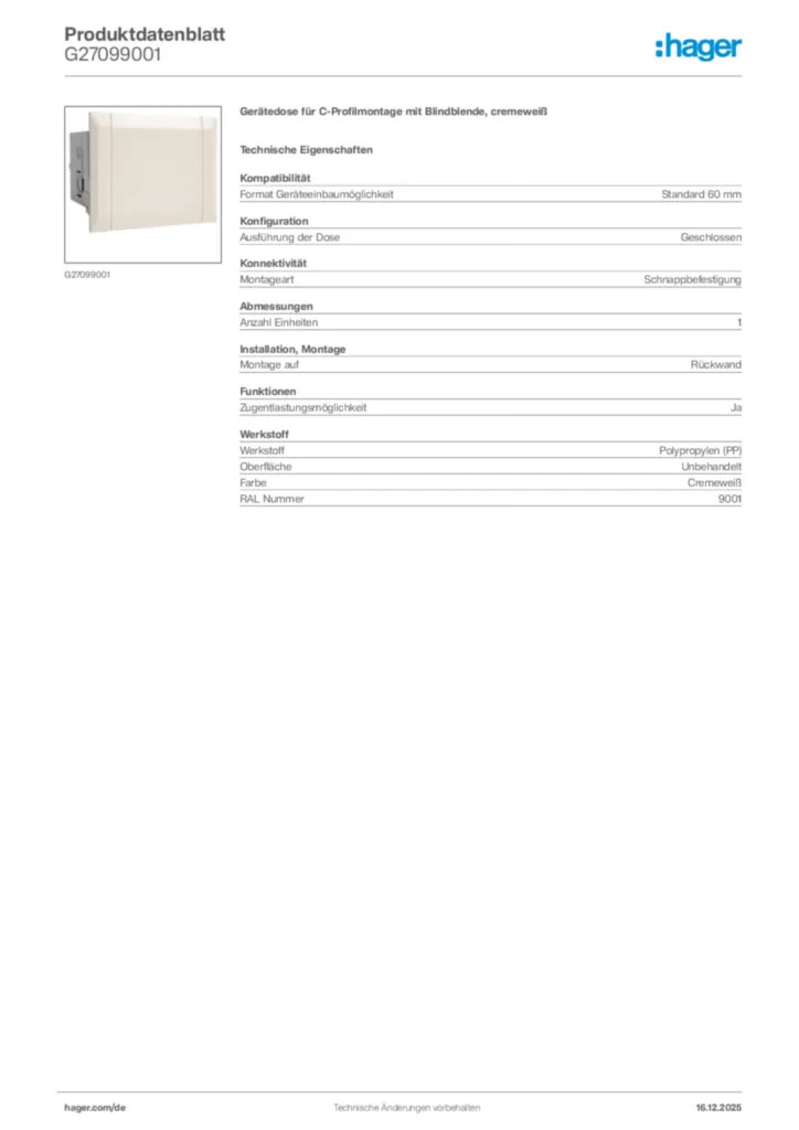 Bild Hager Produktdatenblatt G27099001 | Hager Deutschland