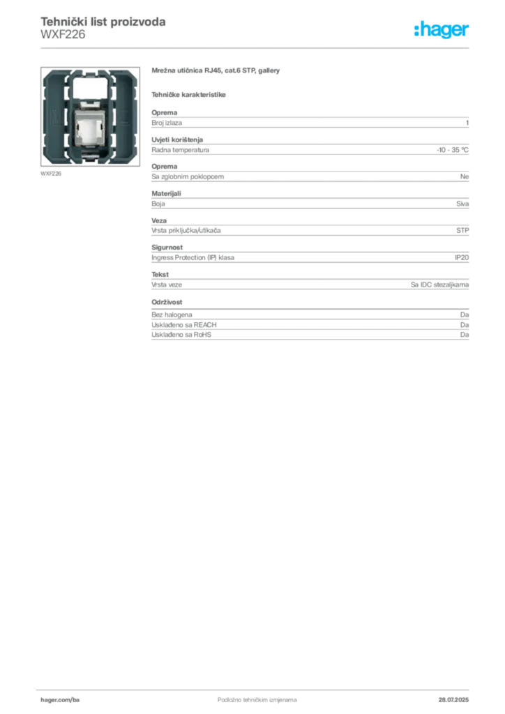 Slika Hager Product data sheet WXF226  | Hager