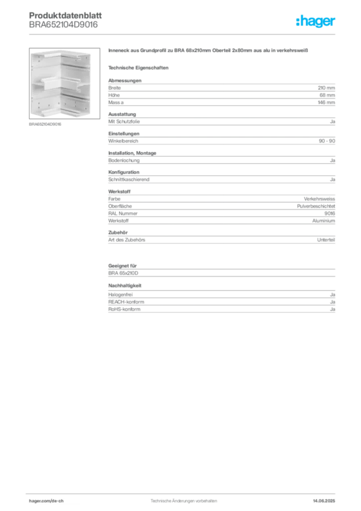 Bild Hager Produktdatenblatt BRA652104D9016 | Hager Schweiz