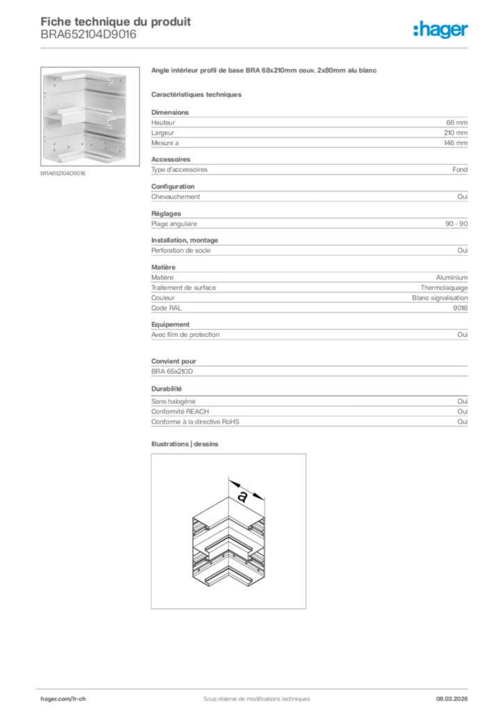 Image Hager Fiche technique du produit BRA652104D9016 | Hager Suisse