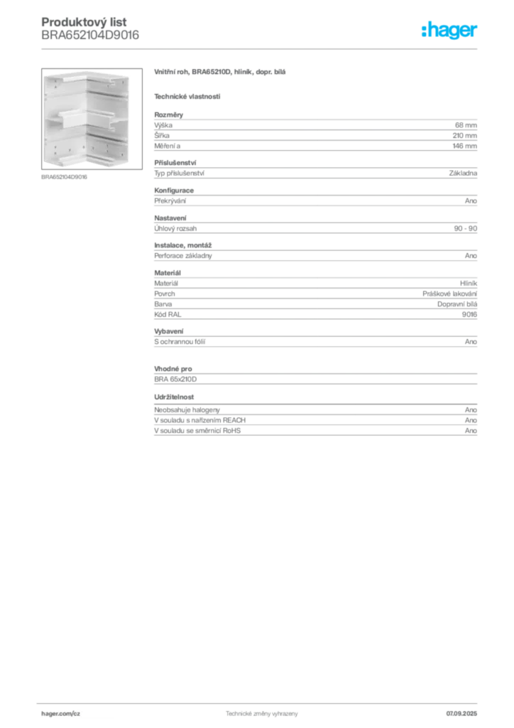 Obrázek Hager Produktový list BRA652104D9016 | Hager