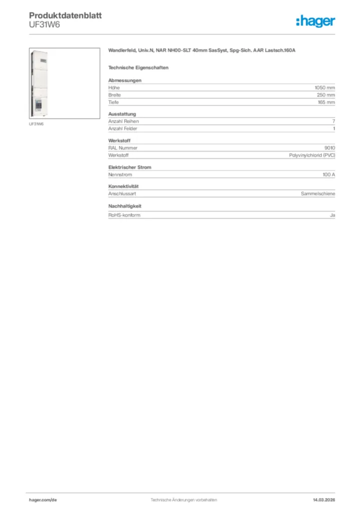 Bild Hager Produktdatenblatt UF31W6 | Hager Deutschland