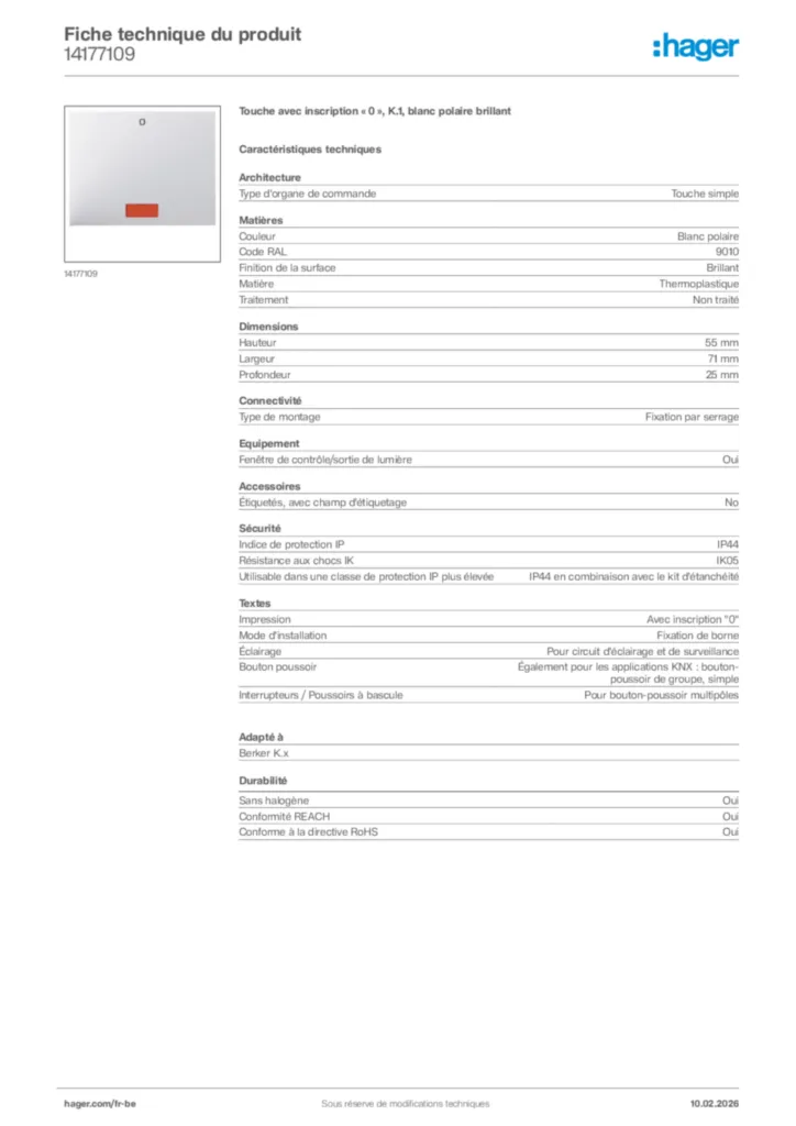 Image Hager Fiche technique du produit 14177109 | Hager Belgique