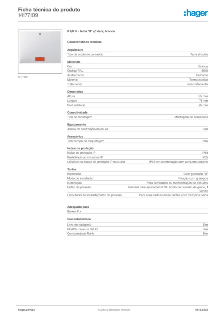 Imagem Hager Ficha técnica do produto 14177109 | Hager Portugal