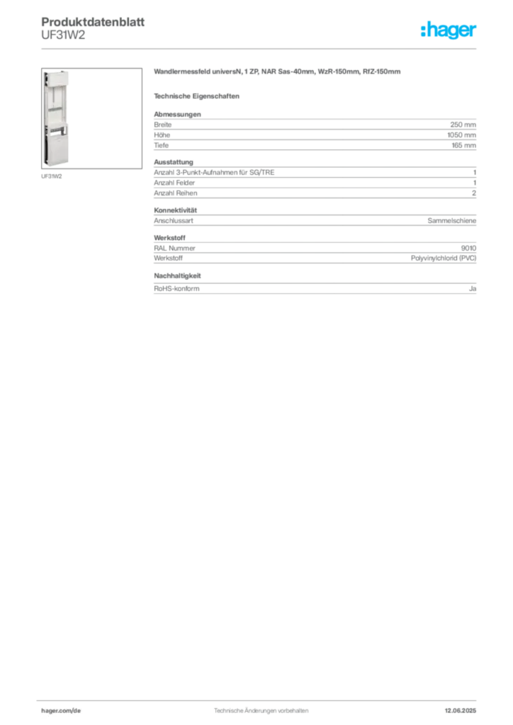 Bild Hager Produktdatenblatt UF31W2 | Hager Deutschland