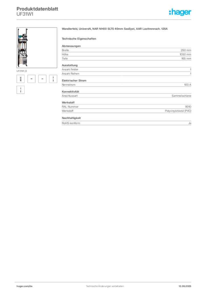 Bild Hager Produktdatenblatt UF31W1 | Hager Deutschland
