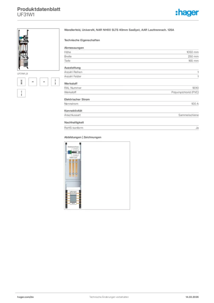 Bild Hager Produktdatenblatt UF31W1 | Hager Deutschland