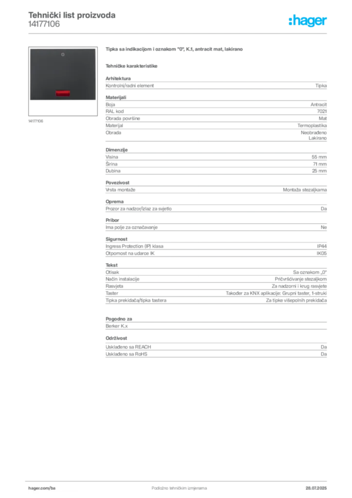 Slika Hager Product data sheet 14177106  | Hager
