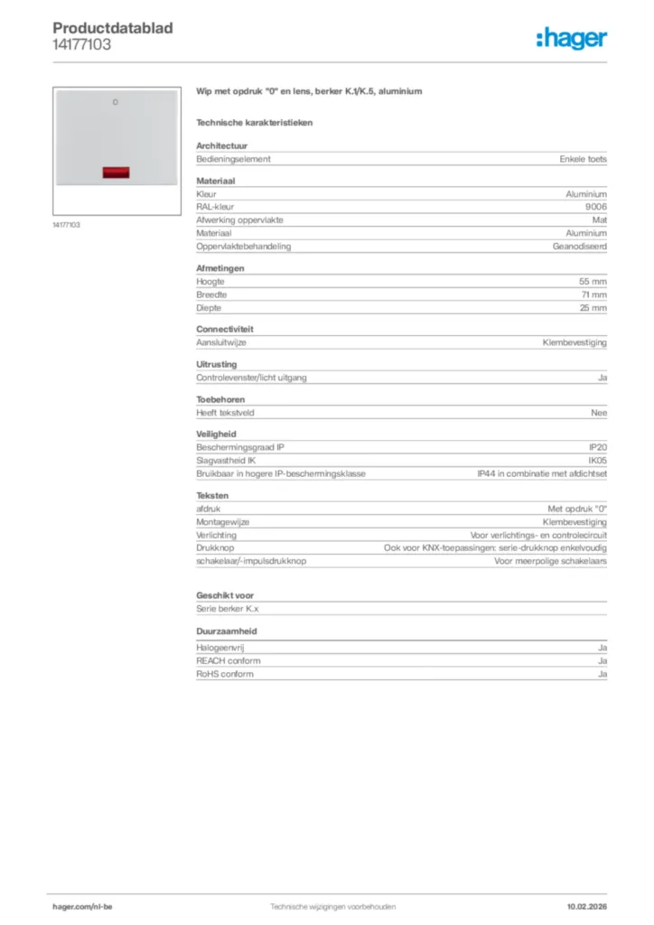 Afbeelding Hager Productdatablad 14177103 | Hager Belgium