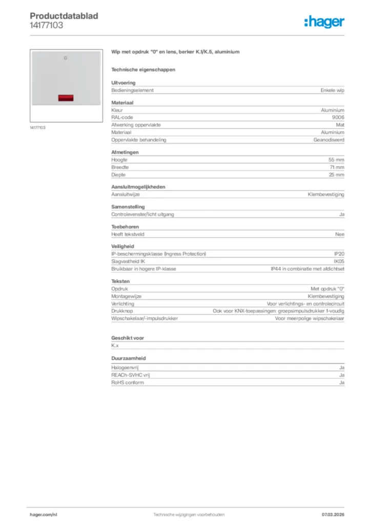 Afbeelding Hager Productdatablad 14177103 | Hager Nederland