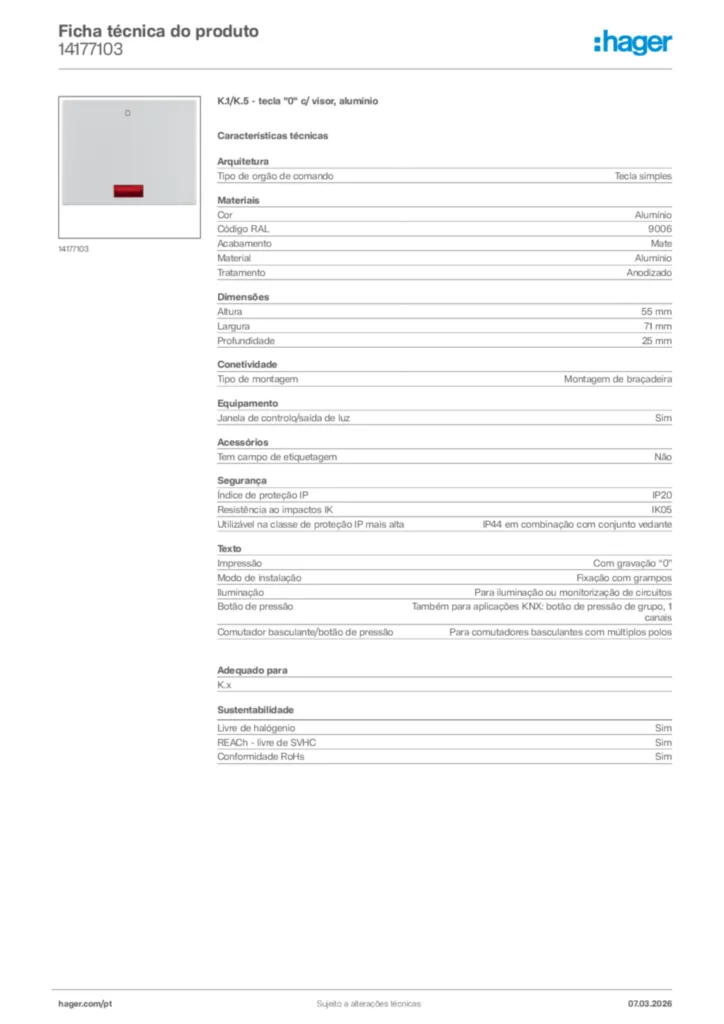 Imagem Hager Ficha técnica do produto 14177103 | Hager Portugal