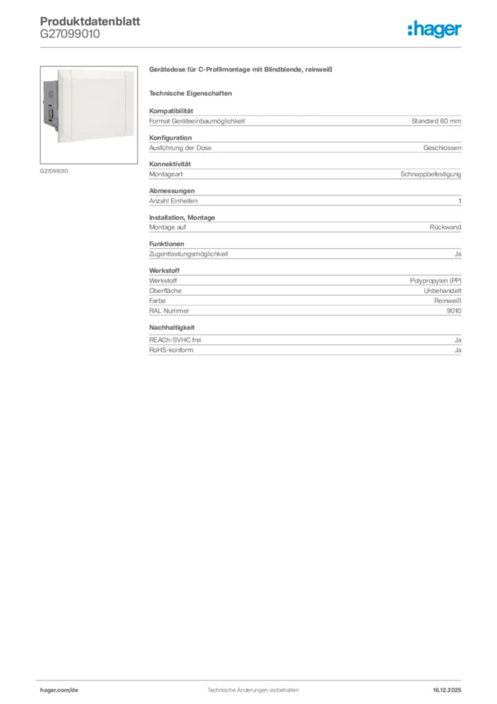 Bild Hager Produktdatenblatt G27099010 | Hager Deutschland