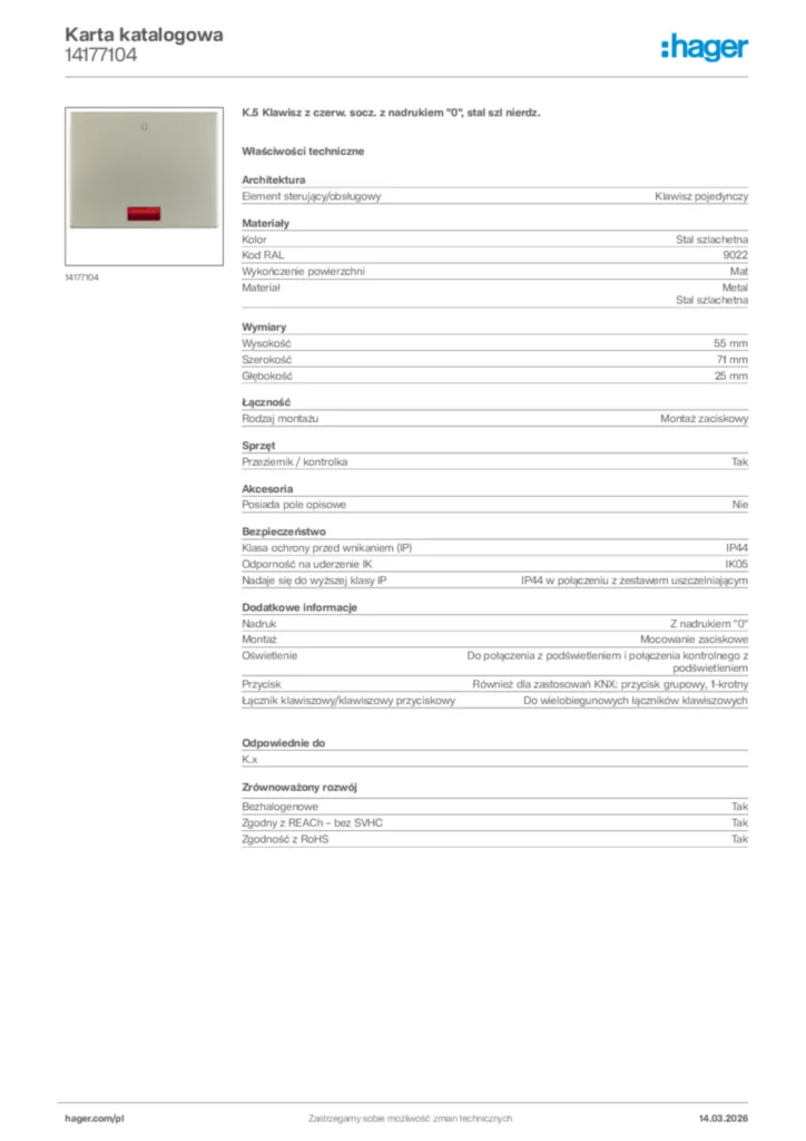 Zdjęcie Hager Karta katalogowa 14177104 | Hager Polska