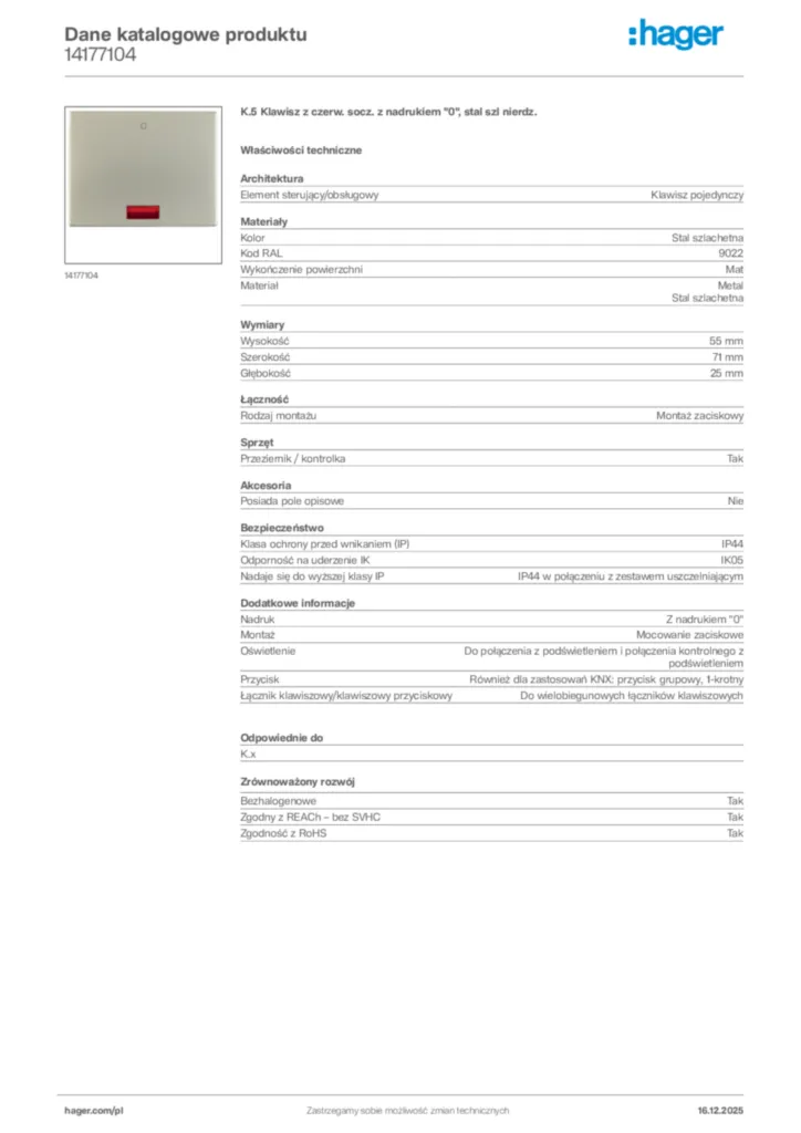 Zdjęcie Hager Karta katalogowa 14177104 | Hager Polska