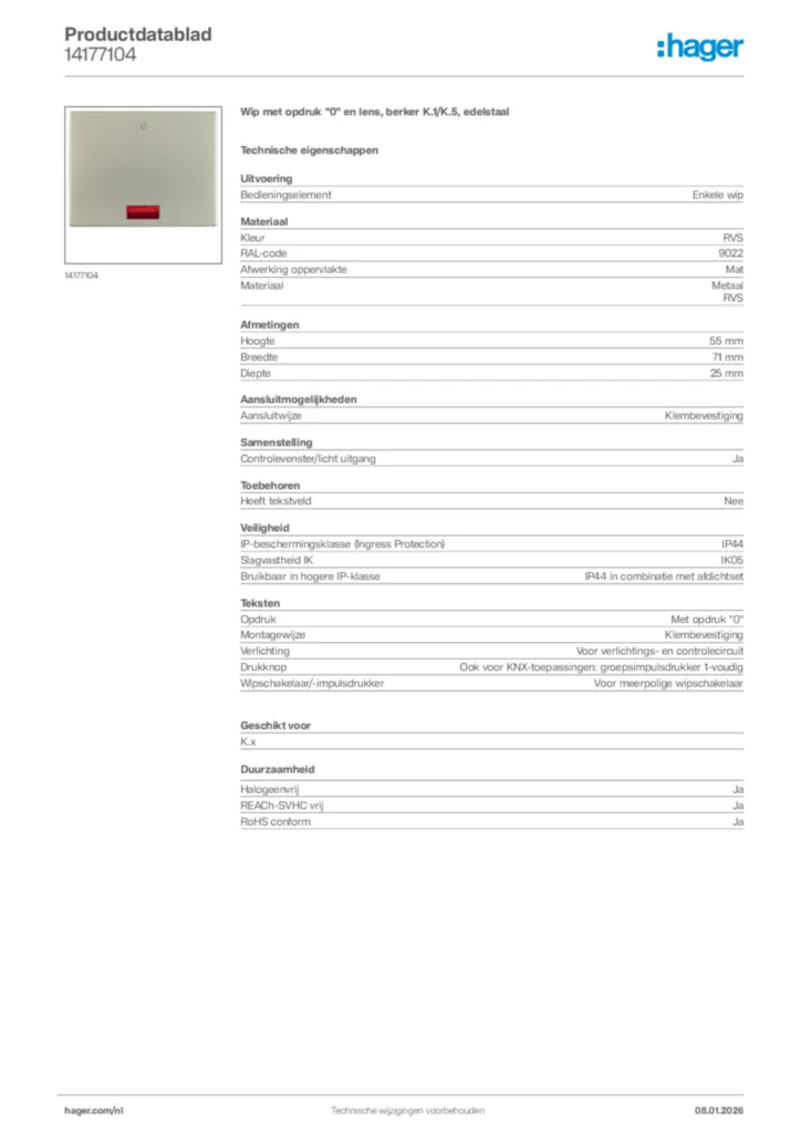 Afbeelding Hager Productdatablad 14177104 | Hager Nederland