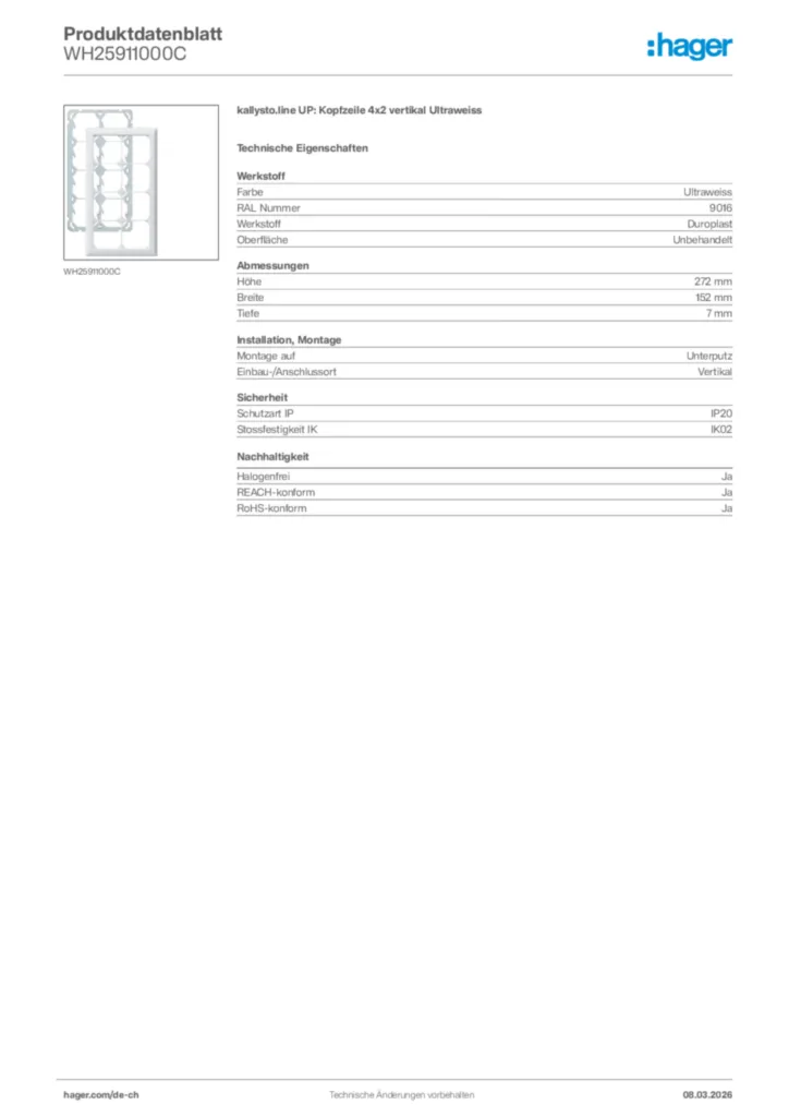 Bild Hager Produktdatenblatt WH25911000C | Hager Schweiz