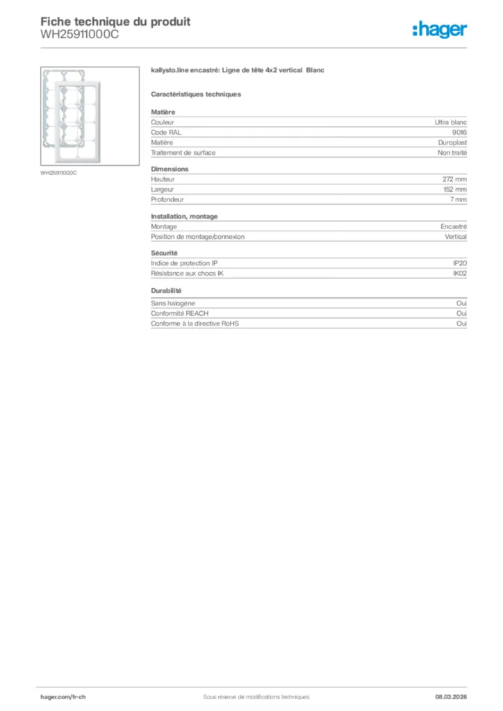 Image Hager Fiche technique du produit WH25911000C | Hager Suisse