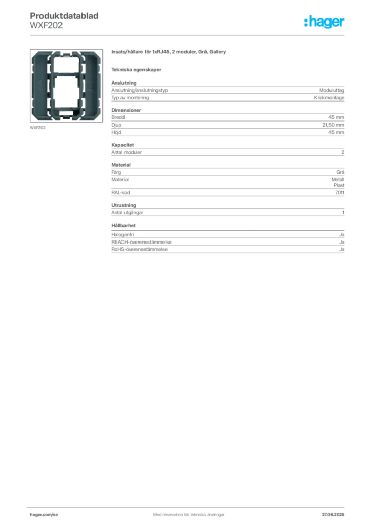 Bild Hager Produktdatablad WXF202 | Hager Sverige