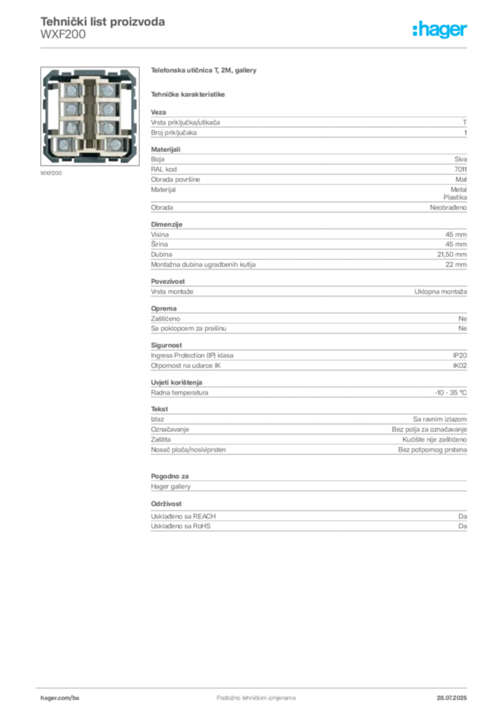 Slika Hager Product data sheet WXF200  | Hager