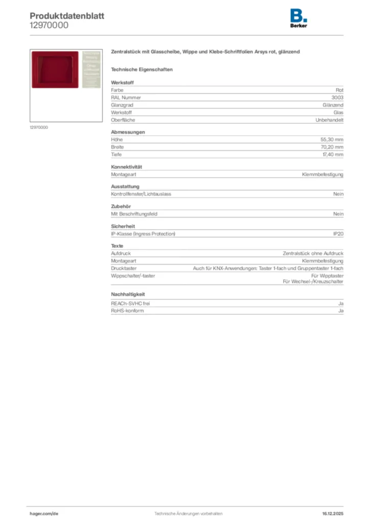 Bild Berker Produktdatenblatt 12970000 | Hager Deutschland