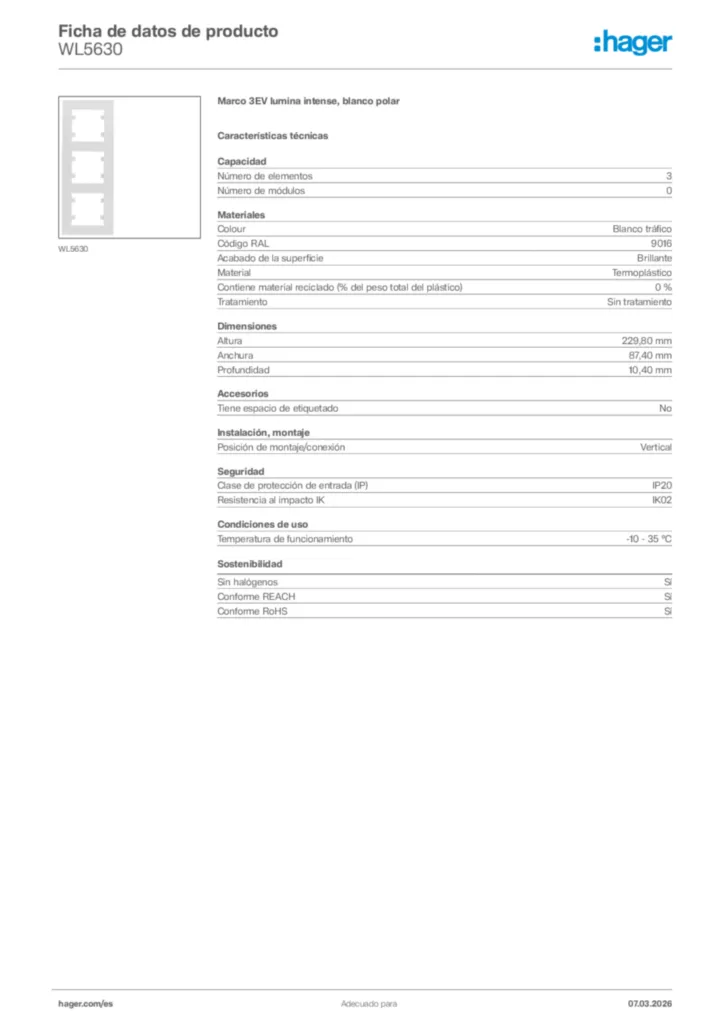 Imagen Hager Ficha de datos de producto WL5630 | Hager España