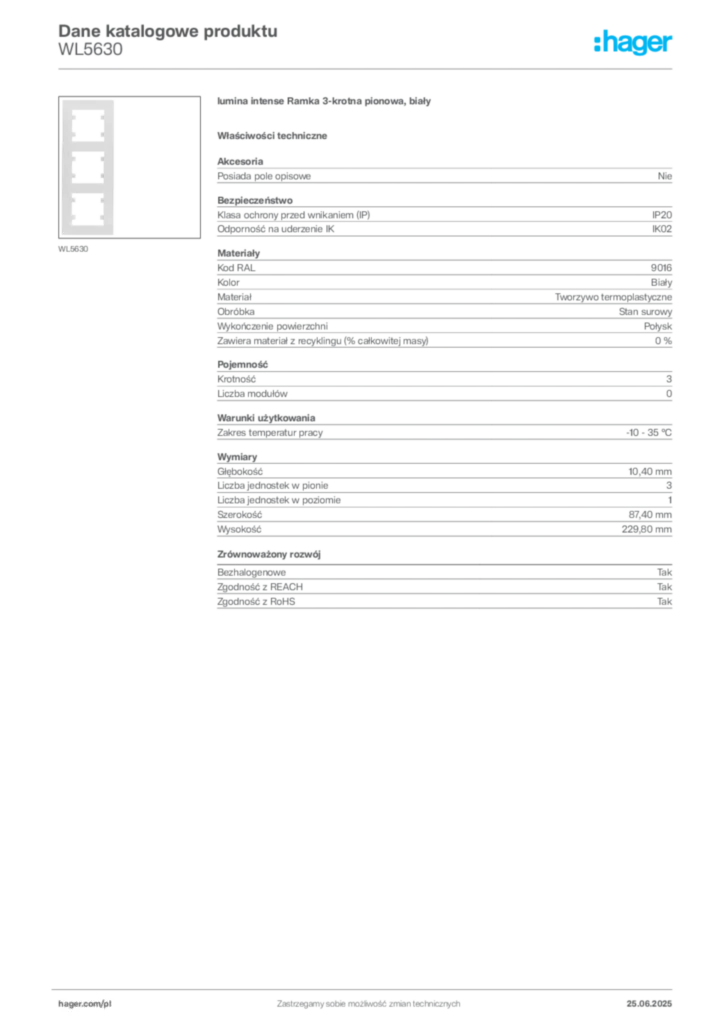 Zdjęcie Hager Karta katalogowa WL5630 | Hager Polska