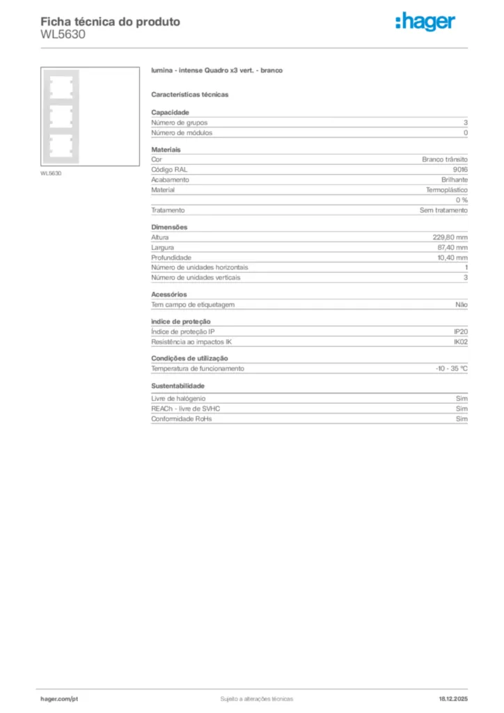 Imagem Hager Ficha técnica do produto WL5630 | Hager Portugal