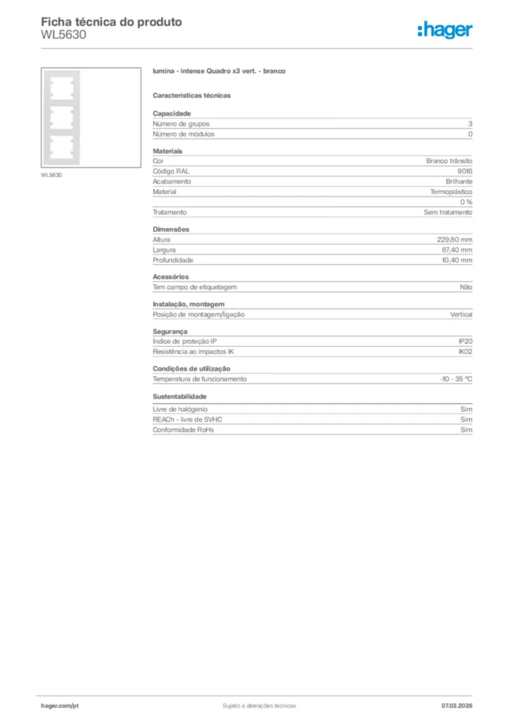 Imagem Hager Ficha técnica do produto WL5630 | Hager Portugal