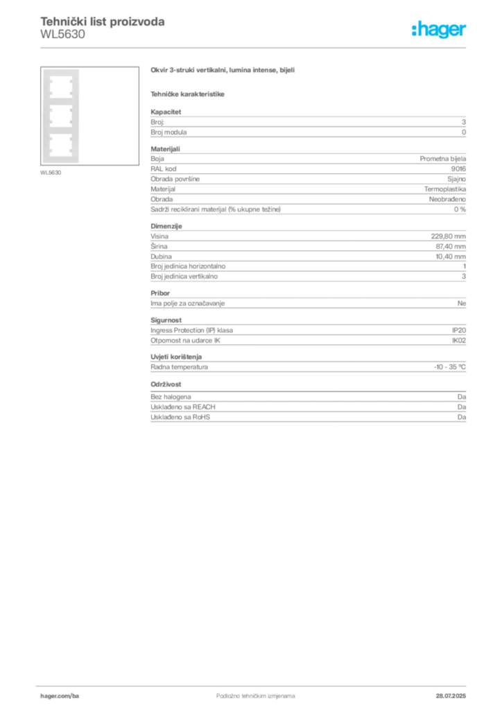 Slika Hager Product data sheet WL5630  | Hager