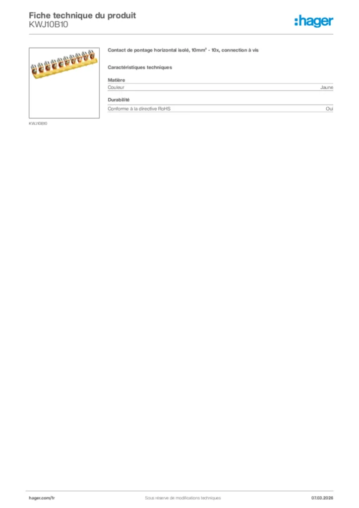 Image Hager Fiche technique du produit KWJ10B10 | Hager France