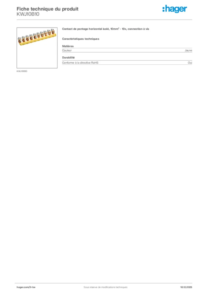 Image Hager Fiche technique du produit KWJ10B10 | Hager Belgique
