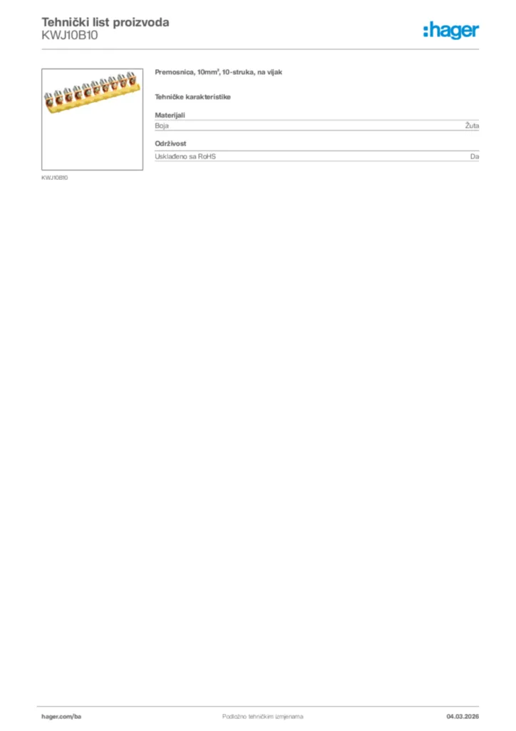 Slika Hager Tehnički list proizvoda KWJ10B10  | Hager