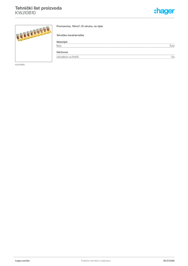 Slika Hager Product data sheet KWJ10B10  | Hager