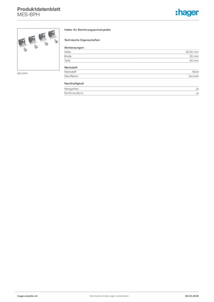 Bild Hager Produktdatenblatt MES-BPH | Hager Schweiz