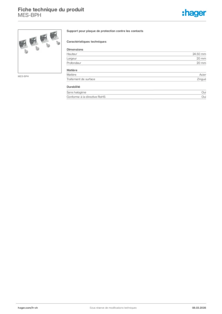 Image Hager Fiche technique du produit MES-BPH | Hager Suisse
