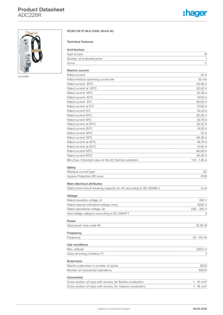Image Hager Product data sheet ADC228R  | Hager Africa