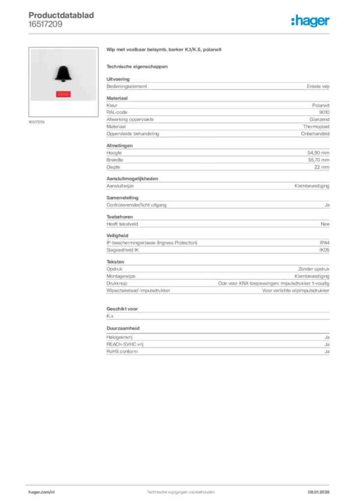 Afbeelding Hager Productdatablad 16517209 | Hager Nederland