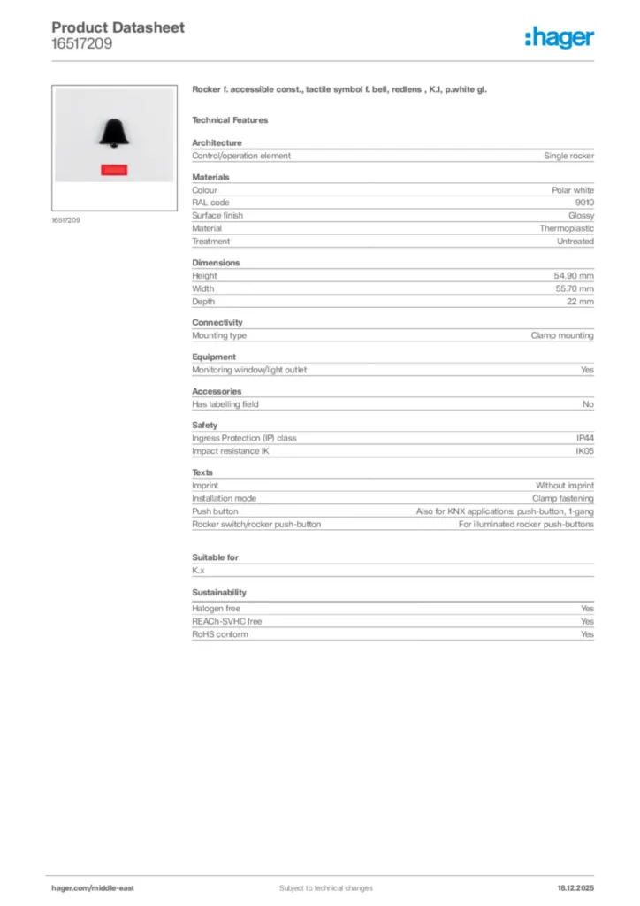 Image Hager Product data sheet 16517209  | Hager