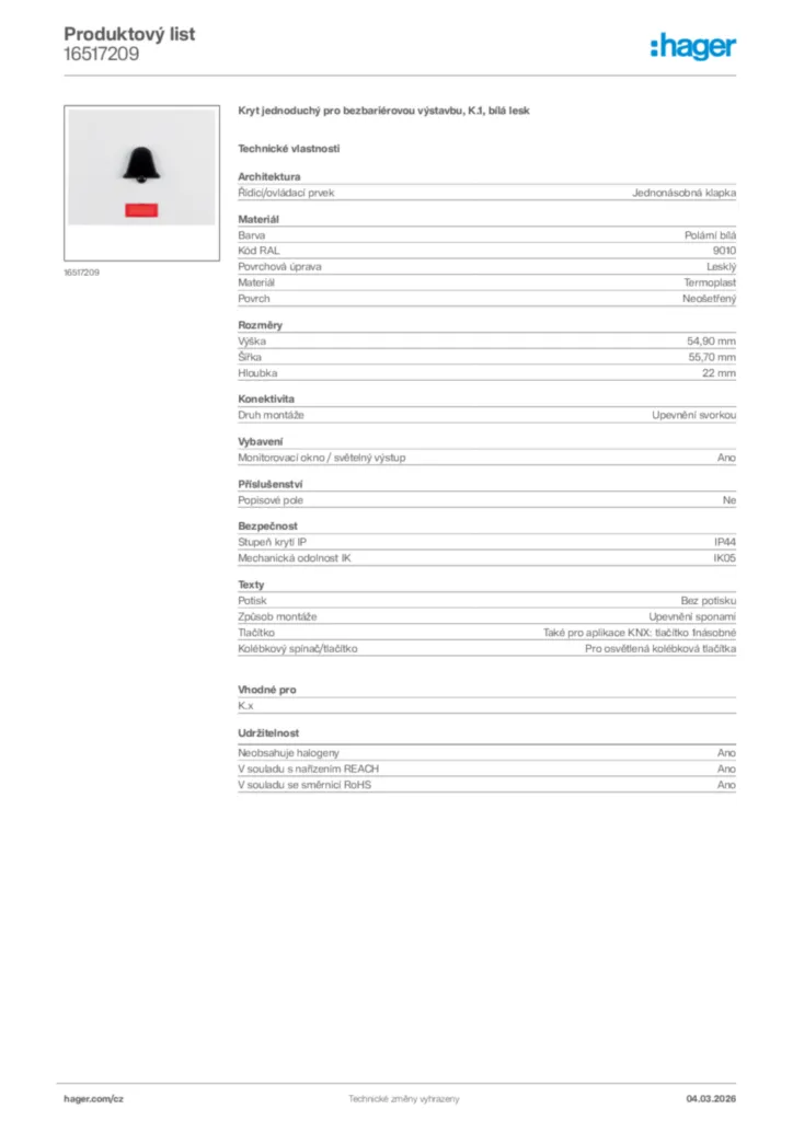Obrázek Hager Product data sheet 16517209 | Hager