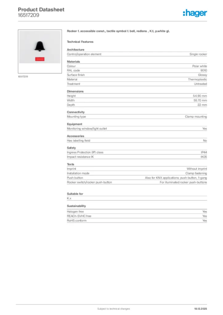 Image Hager Product data sheet 16517209  | Hager
